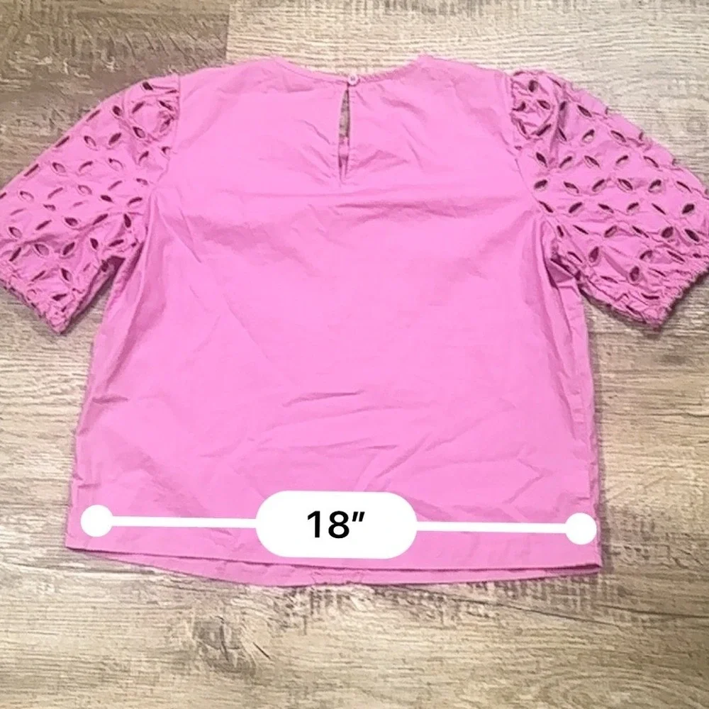 Loft Pink Eyelet‎ Puff Sleeve Cotton Top Womens Small XS Short Sleeve Crew Neck